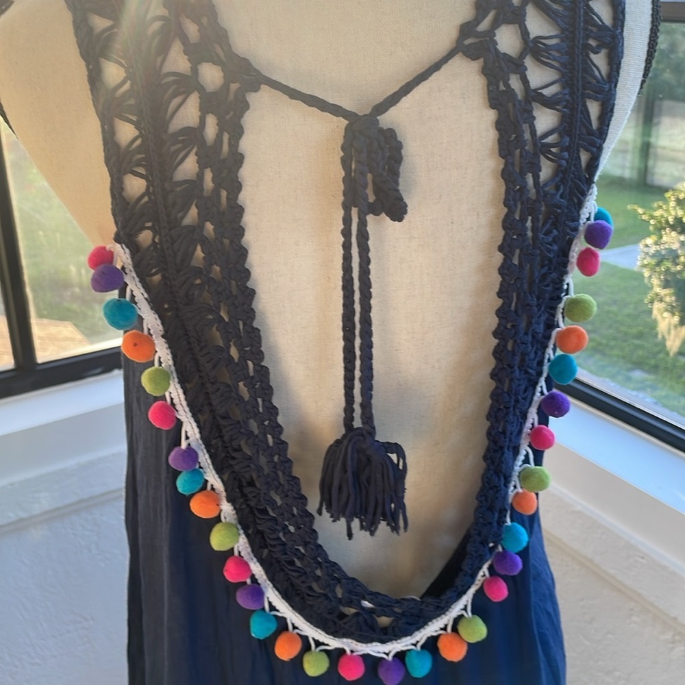 NWT Aloro‎ PomPom Crochet Gauzy Swimsuit Cover-up in Navy Size Medium - Picture 3 of 7
